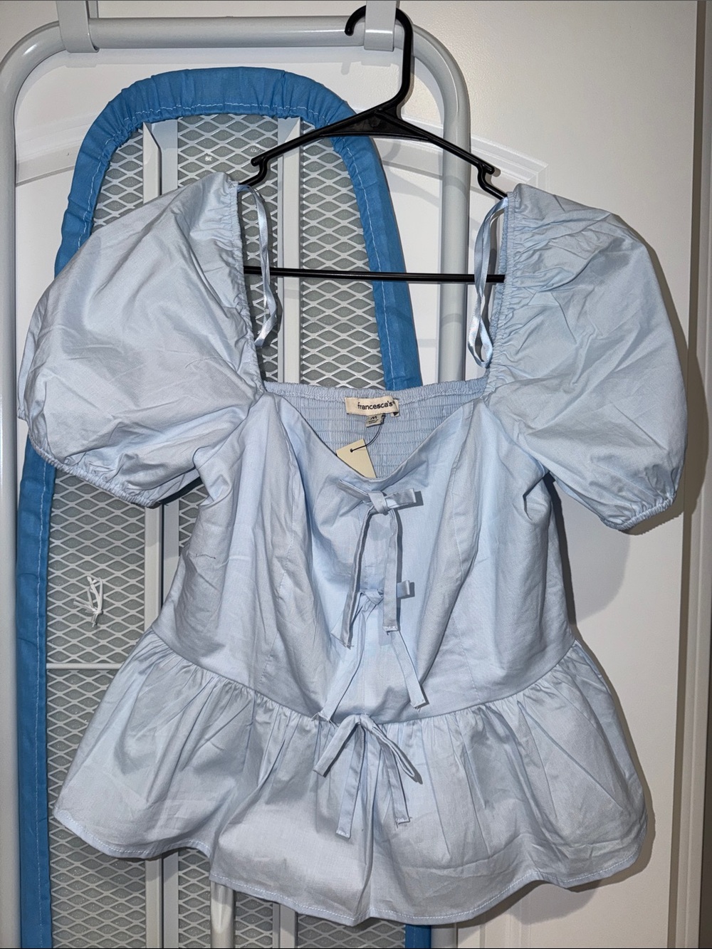 Francesca's Light Blue Tie-Front Puff Sleeve Top